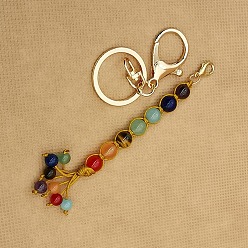 Golden 7 Chakra Gemstone Round Keychain, with Metal Key Rings and Lobster Claw Clasps, Golden, 18cm