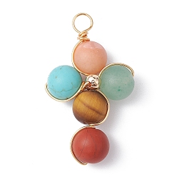 Mixed Stone Natural Frosted Mixed Gemstone Pendants, Eco-Friendly Light Gold Plated Copper Wire Wrapped Cross Charms, Mixed Dyed and Undyed, 37x21x9mm, Hole: 4mm