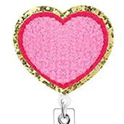 Hot Pink Heart Wool Chenille Clip-On Retractable Badge Holders, Badge Reels, Alloy Alligator Clip Tag Card Holders, Hot Pink, 50mm