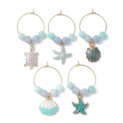 Mixed Shapes Turtle/Starfish/Shell Alloy Enamel Wine Glass Charms, with Hoop Earrings Findings and Natural Jade/Malaysia Jade Bead, Mixed Shapes, 45~54mm, Inner Diameter: 23mm