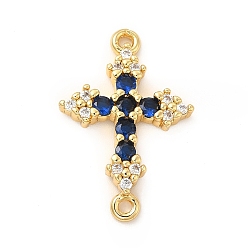Marine Blue Eco-Friendly Rack Plating Brass Pave Cubic Zirconia Connector Charms, Lead Free & Cadmium Free, Real 18K Gold Plated, Religion Cross Links, Marine Blue, 24.5x16.5x3.5mm, Hole: 1.4~1.5mm