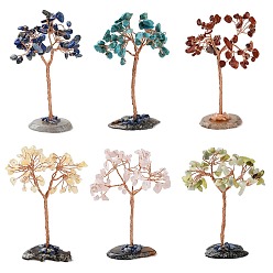 Mixed Stone Natural & Synthetic Gemstone Chips Tree Display Decorations, with Brass Wire Wrapped Feng Shui Ornament for Fortune, 112~125x68~85x34~47mm