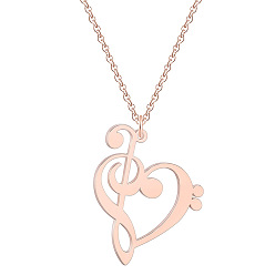 Rose Gold Brass Musical Note Heart Pendant Necklace with Stainless Steel Chains for Women, Rose Gold, 17.72 inch(45cm)