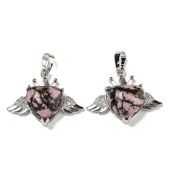 Родонит Натуральный родонит с подвесками из прозрачного кубического циркония, Подвески в форме сердца и крыльев с фурнитурой из латуни с металлическим покрытием, платина, без кадмия и без свинца, 25x31.5x8.5~9 мм, отверстие : 7.9x5 мм