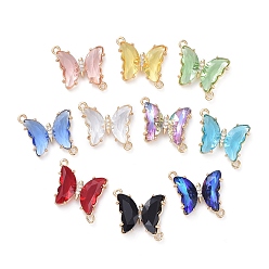 Mixed Color Glass Links Connectors, with Brass Micro Pave Cubic Zirconia, Faceted, Butterfly, Light Gold, Mixed Color, 20x20x4mm, Hole: 1.5mm