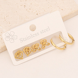 Golden 3 Pairs 3 Style 304 Stainless Steel Hoop Earrings, Stud Earrings, Butterfly & Ring & Diamond, Golden, 60x40mm, 1 Pair/style