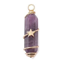 Amethyst Natural Amethyst Copper Wire Wrapped Pointed Pendants, Faceted Bullet Charms with Golden Tone Brass Star Beads, 34.5~37x10.5x12mm, Hole: 2.7mm