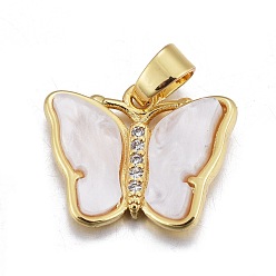 Белый Подвески из смолы, с золотистым латунным микропаве, фурнитура из фианита, бабочка, белые, 14x17.5x3 мм, отверстие : 3.5x5.5 мм