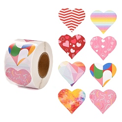 Colorful Valentine's Day Theme Paper Gift Tag Stickers, 8 Style Heart Shape Adhesive Labels Roll Stickers, for Party, Decorative Presents, Colorful, 4.1cm, about 500pcs/roll