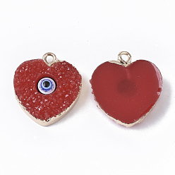 Red Druzy Resin Pendants, with Edge Light Gold Plated Iron Loops, Heart with Evil Eye, Red, 22~23x19x5.5mm, Hole: 1.8mm