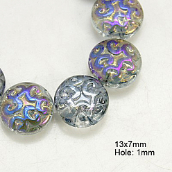 Coloré Des perles de verre électrolytique, plat rond, colorées, environ 13 mm de diamètre, épaisseur de 7mm, Trou: 1mm