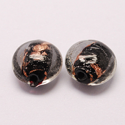 Black Handmade Gold Sand Lampwork Beads, Flat Round, Black, 12x8mm