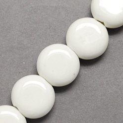 White Handmade Porcelain Beads, Bright Glazed Porcelain, Flat Round, White, 15x14x7mm