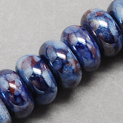Steel Blue Handmade Porcelain European Beads, Large Hole Beads, Pearlized, Rondelle, Steel Blue, 12x9mm, Hole: 4mm