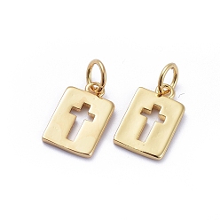 Golden Brass Pendants, Cut-Out, Long-Lasting Plated, with Jump Rings, Rectangle with Cross, Golden, 12.5x8x1mm, Hole: 3.4mm