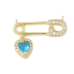 Темно-Голубой Латунные микропаве прозрачные подвески с фианитом, форма скрепки с сердцем, реальный 18 k позолоченный, глубокое синее небо, 18.5x25x5 мм, отверстие : 1 мм