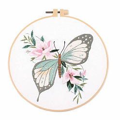 Pale Turquoise Insect Butterfly DIY Embroidery Kits, Including Printed Fabric, Embroidery Thread & Needles, Embroidery Hoop, Pale Turquoise, 200mm