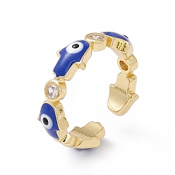 Blue Hamsa Hand with Evil Eye Enamel & Clear Cubic Zirconia Open Cuff Ring, Real 18K Gold Plated Brass Lucky Jewelry for Women, Lead Free & Cadmium Free, Blue, US Size 6 1/4(16.7mm)