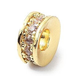 Pink Rack Plating Brass Pave Cubic Zirconia Beads, Long-Lasting Plated, Lead Free & Cadmium Free, Real 18K Gold Plated, Flat Round, Pink, 6x2.7mm, Hole: 2.2mm
