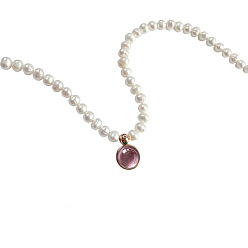 Бледно-фиолетовый Красный Стеклянные плоские круглые ожерелья с подвесками в стиле камня, с цепочками из бисера с имитацией жемчуга, бледно-фиолетовый красный, 15.75 дюйм (40 см)