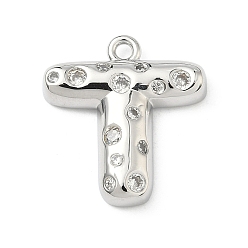 Letter T Латунные микропаве прозрачные подвески с фианитом, без кадмия и без свинца, долговечный, стойки покрытие, платина, Письмо T, 21.5x20x4.5 мм, отверстие : 1.8 мм