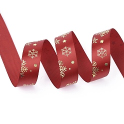 FireBrick 20 Yards Christmas Printed Polyester Satin Ribbon, for Wedding, Gift, Party Decoration, Gold Stamping Snowflake Pattern, FireBrick, 1 inch(25mm), about 20.00 Yards(18.29m)/Roll