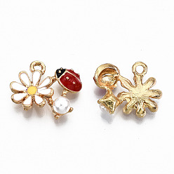 Colorful Alloy Enamel Pendants, Cadmium Free & Lead Free, ABS Plastic Imitation Pearl, Flower with Ladybug, Light Gold, Colorful, 13x16x4mm, Hole: 1.6mm