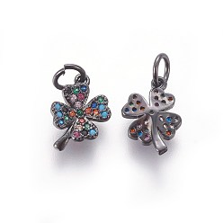 Черный Цвет Металла Латунные микро проложить кубического циркония прелести, Четыре листа клевера, красочный, металлический черный , 12x8x2.5 мм, отверстие : 3 мм