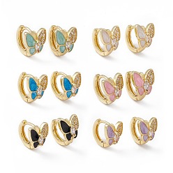 Mixed Color Clear Cubic Zirconia Butterfly Hoop Earrings with Enamel, Real 18K Gold Plated Brass Jewelry for Women, Lead Free & Cadmium Free, Mixed Color, 11.5x13x10mm, Pin: 1mm
