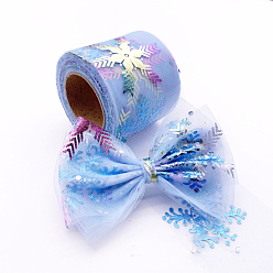 Sky Blue 25 Yards Christmas Polyester Deco Mesh Ribbon, Hot Stamping Snowflake Tulle Fabric, for Bowknot Making, Sky Blue, 60mm