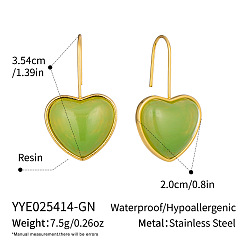 Зеленый Из нержавеющей стали сердца 304 болтаться серьги, cmолой, реальный 18 k позолоченный, зелёные, 35.4x20 мм