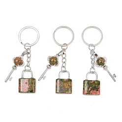 Унакит Брелки с подвесками из натурального унакита, Замок и ключ, с разъемным кольцом для ключей из латуни и железа, стойки покрытие, долговечный, платина, 80 мм