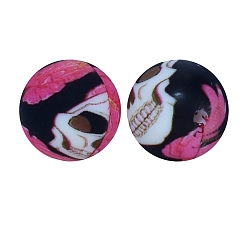 Hot Pink Round with Skull Print Pattern Food Grade Silicone Beads, Silicone Teething Beads, Hot Pink, 15mm