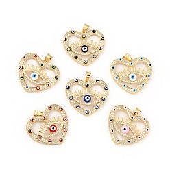 Mixed Color Rack Plating Brass Micro Pave Clear Cubic Zirconia Pendants, with Enamel, Cadmium Free & Lead Free, Heart with Evil Eye, Real 18K Gold Plated, Mixed Color, 24.5x27x4.5mm, Hole: 3x3.7mm