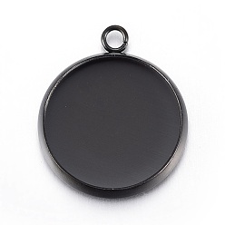 Electrophoresis Black Stainless Steel Pendant Cabochon Settings, Flat Round, Electrophoresis Black, Tray: 14mm, 18.5x16x2mm, Hole: 1.8mm