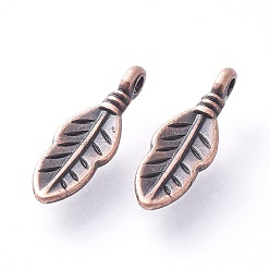 Red Copper Tibetan Style Alloy Pendants, Leaf, Lead Free and Cadmium Free, Red Copper, 17x6x1.5mm, Hole: 1mm