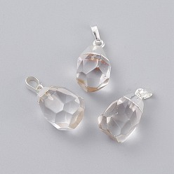 Quartz Crystal Natural Quartz Crystal Pendants, Rock Crystal Pendants, with Brass Bails, Faceted, Teardrop, Silver Color Plated, 19~21x12~14x11~15mm, Hole: 5x3mm