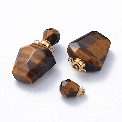 Tiger Eye Faceted Natural Tiger Eye Openable Perfume Bottle Pendants, Essential Oil Bottles, with Golden Tone 304 Stainless Steel Findings, 35.5~37.5x23x13.5mm, Hole: 1.8mm, Capacity: about 2ml(0.06 fl. oz)