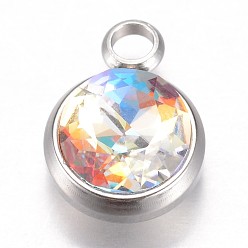 Colorful Glass Charms, Faceted, with 304 Stainless Steel Findings, Flat Round, Colorful, 14x10x6.5mm, Hole: 2.5mm
