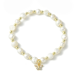 Golden Natural Pearl Beaded Stretch Bracelets, with Brass Cubic Zirconia Butterfly Charms, Golden, Inner Diameter: 2 inch(5.1cm)