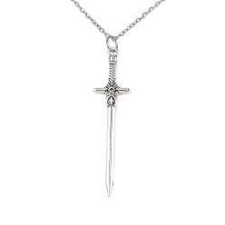 Antique Silver Alloy Sword Pendant Necklace with 304 Stainless Steel Cable Chains, Antique Silver, 17.72 inch(45cm)