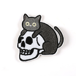 Black Computerized Embroidery Cloth Sew on Patches, Costume Accessories, Skull Element, Cat, Black, 64x62mm.