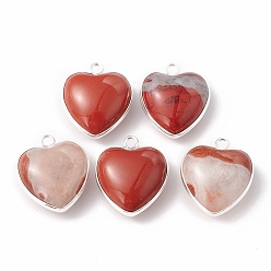 Red Jasper Natural Red Jasper Pendants, with Silver Color Plated Brass Findings, Heart Charms, 18~19x15~17x7~10mm, Hole: 2mm