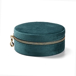 Teal Round Velvet Jewelry Storage Zipper Boxes, Portable Travel Jewelry Case for Rings Earrings Bracelets Storage, Teal, 10.5x4.5cm