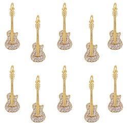 Clear 10Pcs Eco-Friendly Brass Micro Pave Cubic Zirconia Pendants, Long-Lasting Plated, Lead Free & Cadmium Free & Nickel Free, Real 18K Gold Plated, Guitar, Clear, 27.5x9.5x2mm, Jump Ring: 5x0.5mm, 3mm Inner Diameter