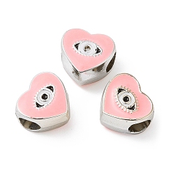 Pink CCB Plastic European Beads, Large Hole Beads, Heart with Evil Eyes, Pink, 11x11.5x8mm, Hole: 5mm