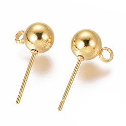 Real 18K Gold Plated 304 Stainless Steel Ear Stud Components, with Loop, Ball, Real 18k Gold Plated, 17x6mm, Hole: 1.8mm, Pin: 0.8mm