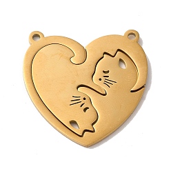 Real 18K Gold Plated Ion Plating(IP) 304 Stainless Steel Split Pendants, Heart with Cat Charm, Real 18K Gold Plated, 30x30x1mm, Hole: 1.8mm