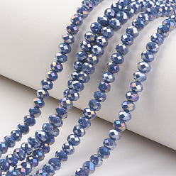Steel Blue Electroplate Glass Beads Strands, Opaque Solid Color, AB Color Plated, Faceted, Rondelle, Steel Blue, 4x3mm, Hole: 0.4mm, about 123~127pcs/strand, 16.5~16.9 inch(42~43cm)