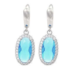 Голубой Латунные серьги-гвоздики с паве из кубического циркония овальной формы для женщин, платина, голубой, 35x11.5 мм